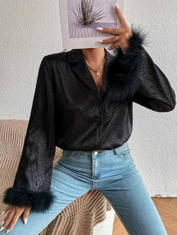 CM-TS996579 Women Elegant Seoul Style Fuzzy Cuff Trim Button Front Shirt - Black