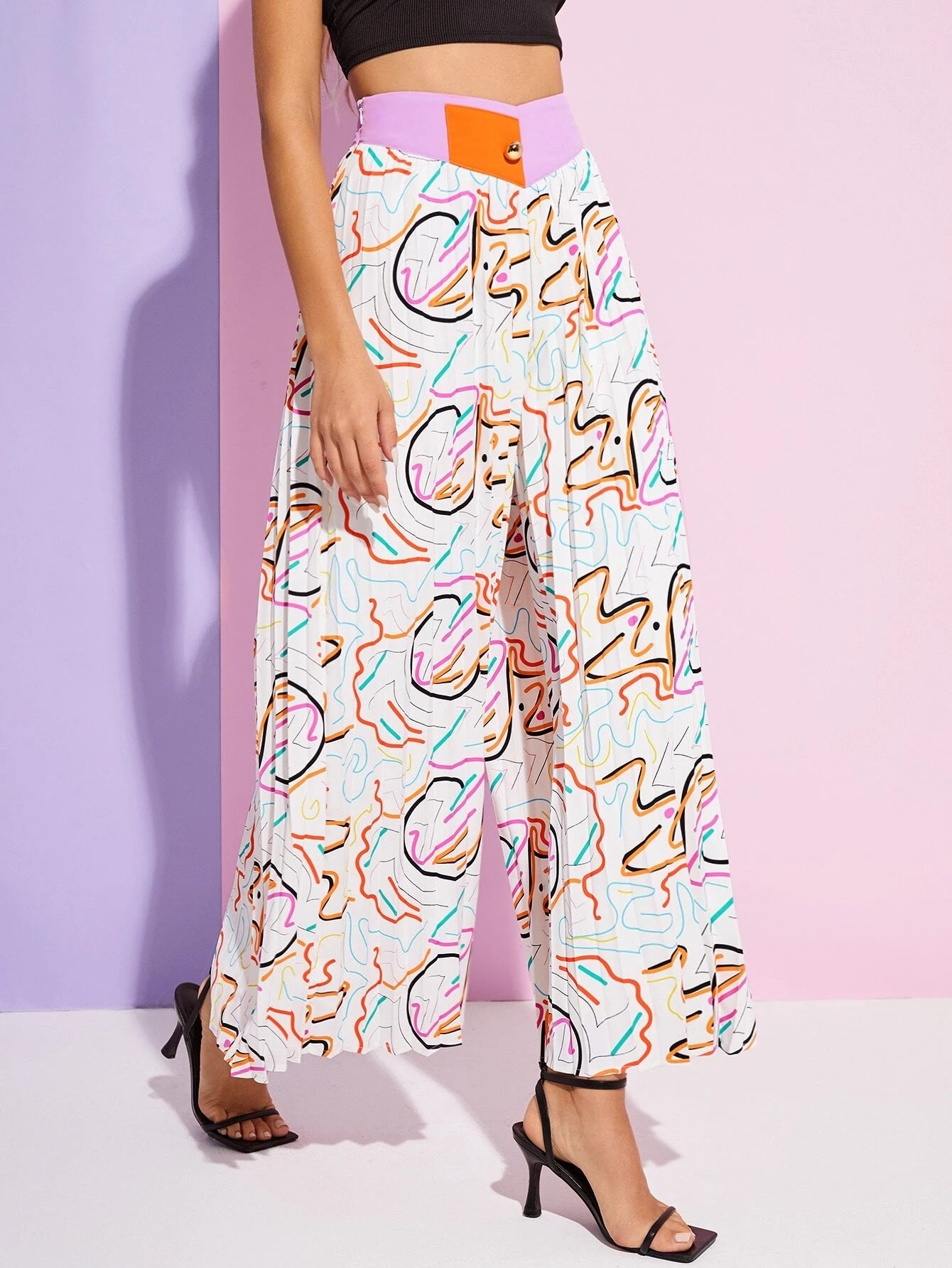 CM-BS746757 Women Casual Seoul Style Allover Print Pleated Wide Leg Pants