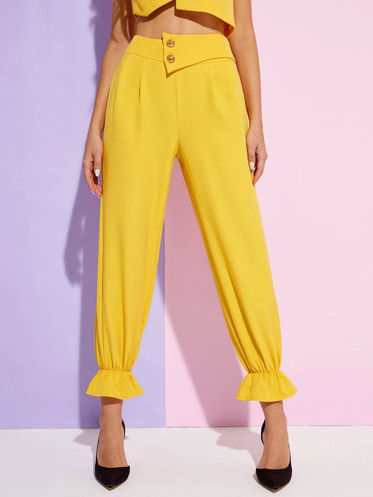 CM-BS158024 Women Casual Seoul Style Ruffle Hem Asymmetrical Waist Button Fly Solid Pants