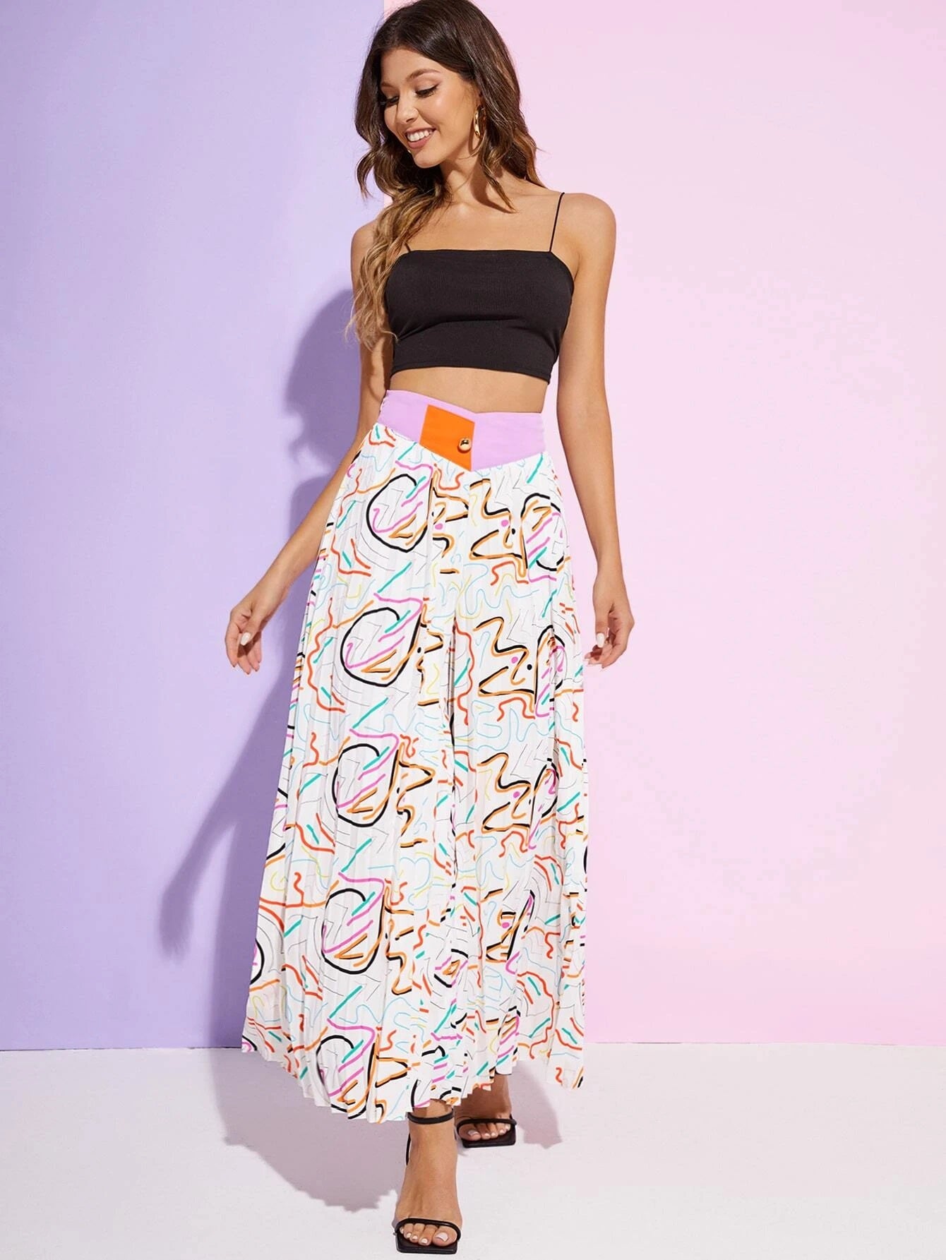 CM-BS746757 Women Casual Seoul Style Allover Print Pleated Wide Leg Pants