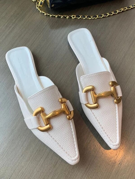 CM-SHS713398 Women Trendy Seoul Style Square Toe Metal Decor Flat Mules - Beige