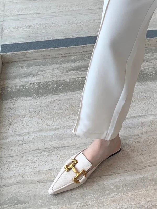 CM-SHS713398 Women Trendy Seoul Style Square Toe Metal Decor Flat Mules - White