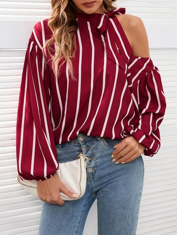 CM-TS072896 Women Casual Seoul Style Striped Print Tie Neck Cut Out Bishop Sleeve Blouse