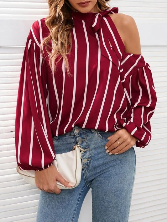 CM-TS072896 Women Casual Seoul Style Striped Print Tie Neck Cut Out Bishop Sleeve Blouse