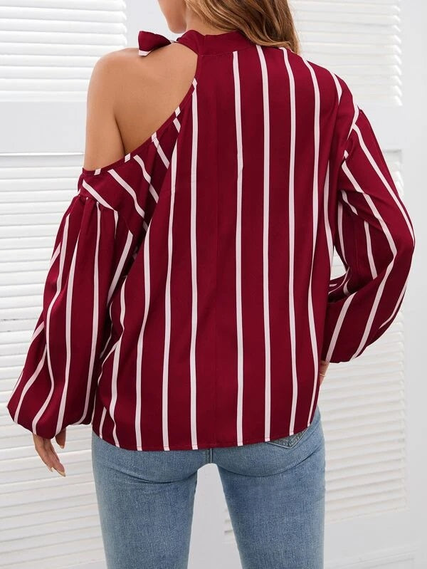 CM-TS072896 Women Casual Seoul Style Striped Print Tie Neck Cut Out Bishop Sleeve Blouse