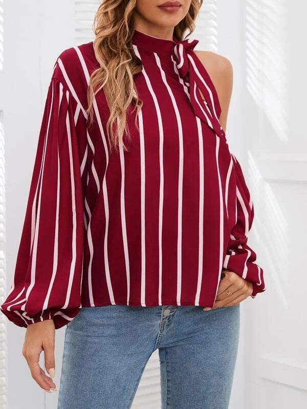 CM-TS072896 Women Casual Seoul Style Striped Print Tie Neck Cut Out Bishop Sleeve Blouse