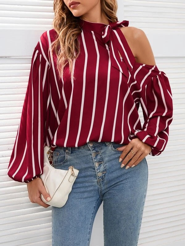 CM-TS072896 Women Casual Seoul Style Striped Print Tie Neck Cut Out Bishop Sleeve Blouse