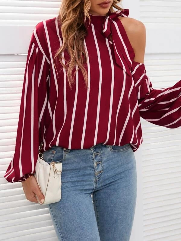 CM-TS072896 Women Casual Seoul Style Striped Print Tie Neck Cut Out Bishop Sleeve Blouse