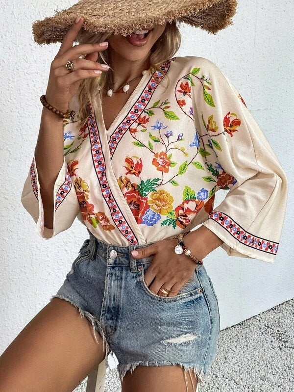 CM-TS658211 Women Casual Seoul Style Floral Print Batwing Sleeve Bodysuit - Apricot