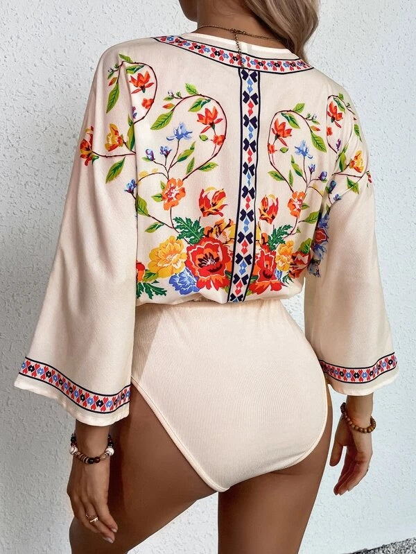 CM-TS658211 Women Casual Seoul Style Floral Print Batwing Sleeve Bodysuit - Apricot