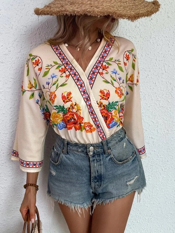 CM-TS658211 Women Casual Seoul Style Floral Print Batwing Sleeve Bodysuit - Apricot