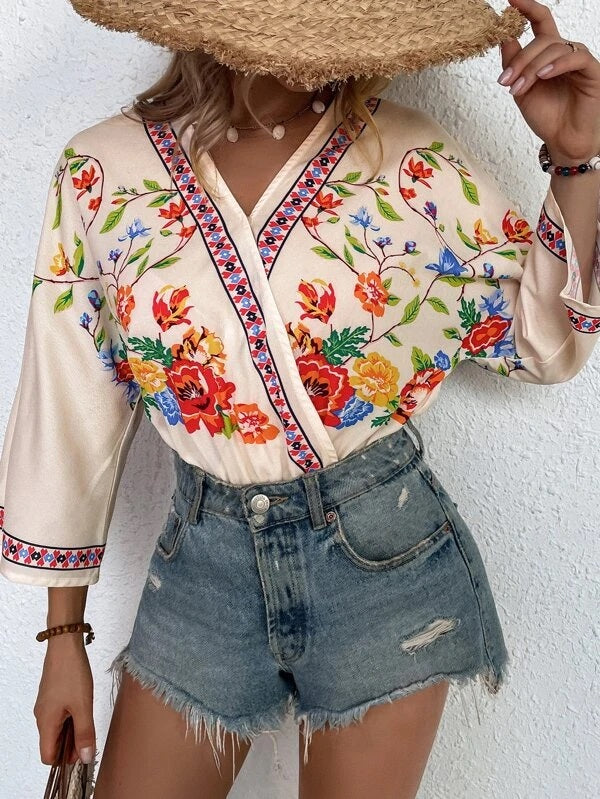 CM-TS658211 Women Casual Seoul Style Floral Print Batwing Sleeve Bodysuit - Apricot