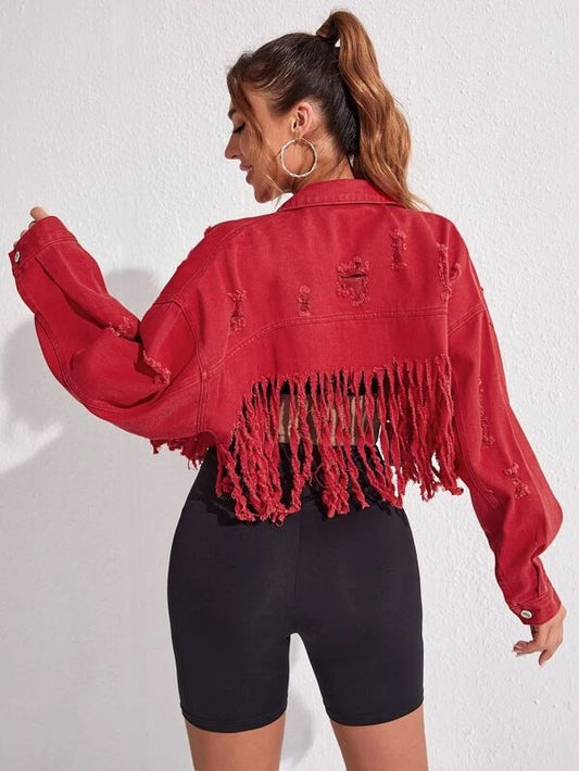 CM-CS314911 Women Preppy Seoul Style Distressed Frayed Cropped Denim Jacket - Burgundy