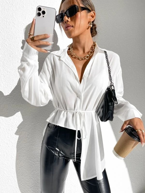 CM-TS688582 Women Casual Seoul Style Solid Drop Shoulder Asymmetrical Hem Belted Shirt
