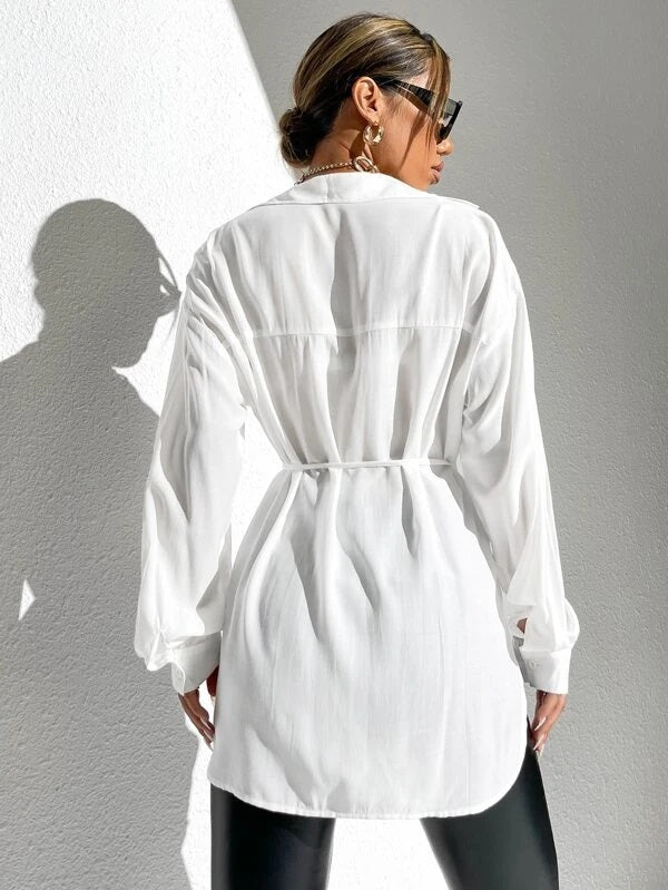 CM-TS688582 Women Casual Seoul Style Solid Drop Shoulder Asymmetrical Hem Belted Shirt