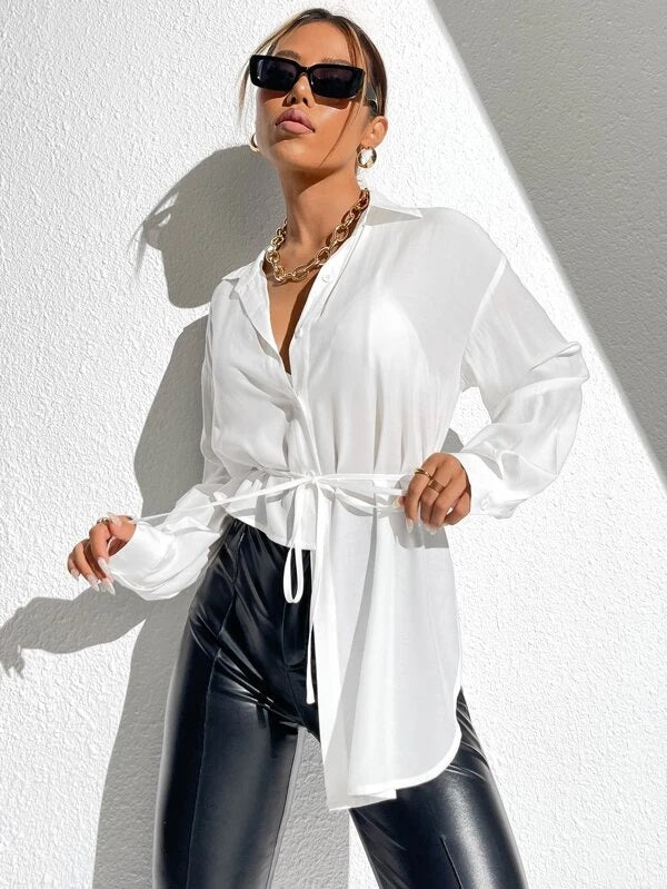 CM-TS688582 Women Casual Seoul Style Solid Drop Shoulder Asymmetrical Hem Belted Shirt