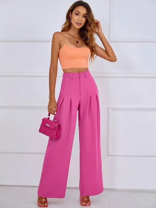 CM-BS797833 Women Casual Seoul Style Solid Pleated Detail Wide Leg Pants - Hot Pink