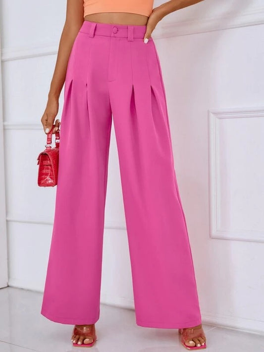 CM-BS797833 Women Casual Seoul Style Solid Pleated Detail Wide Leg Pants - Hot Pink