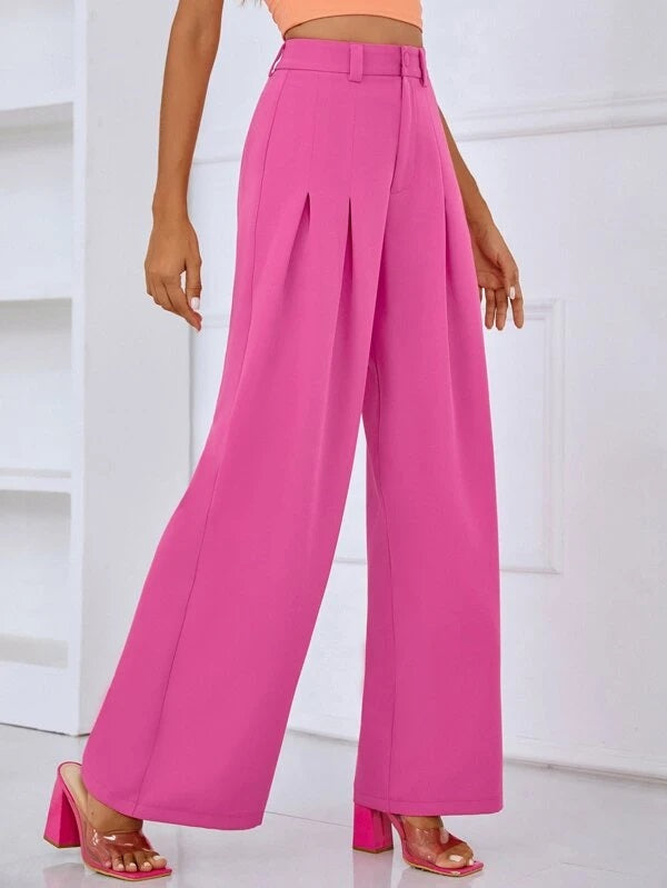 CM-BS797833 Women Casual Seoul Style Solid Pleated Detail Wide Leg Pants - Hot Pink