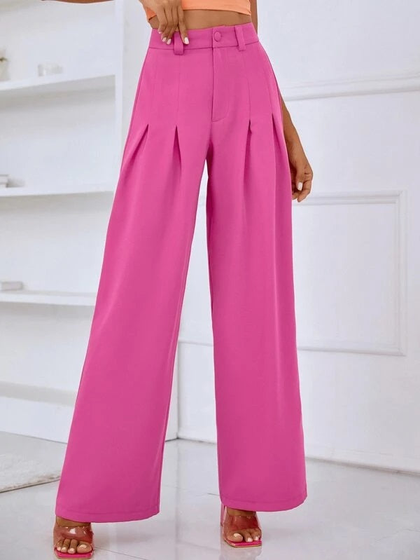 CM-BS797833 Women Casual Seoul Style Solid Pleated Detail Wide Leg Pants - Hot Pink