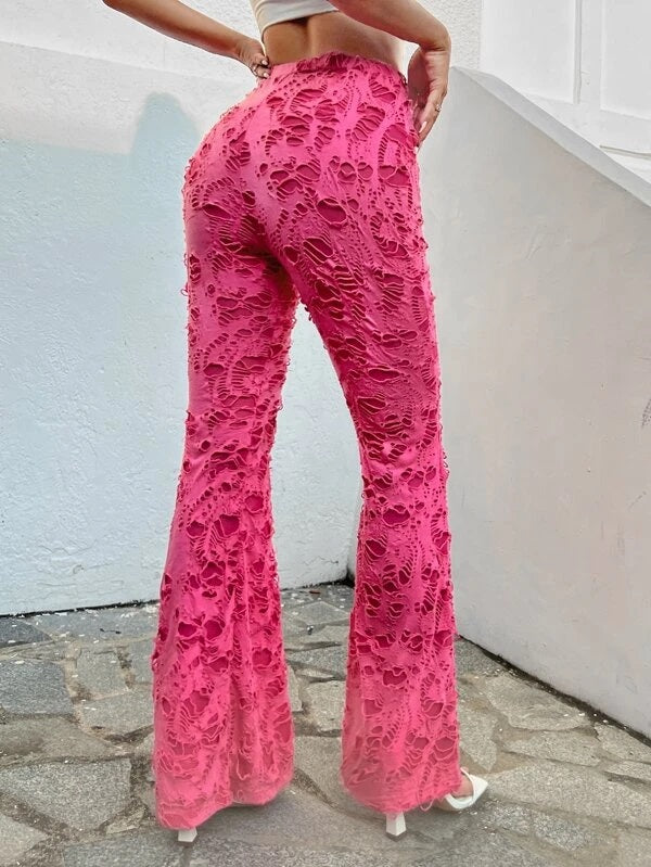 CM-BS661611 Women Casual Seoul Style Ladder Ripped Flare Leg Pants - Hot Pink