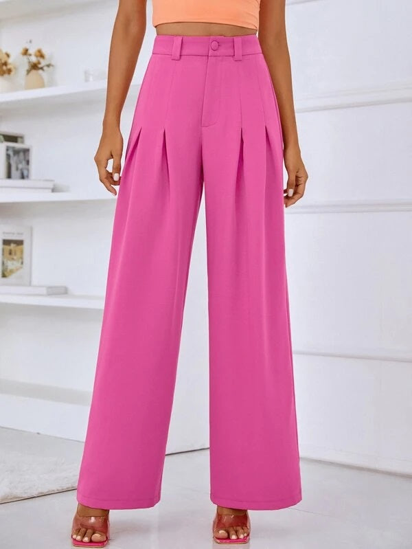 CM-BS797833 Women Casual Seoul Style Solid Pleated Detail Wide Leg Pants - Hot Pink