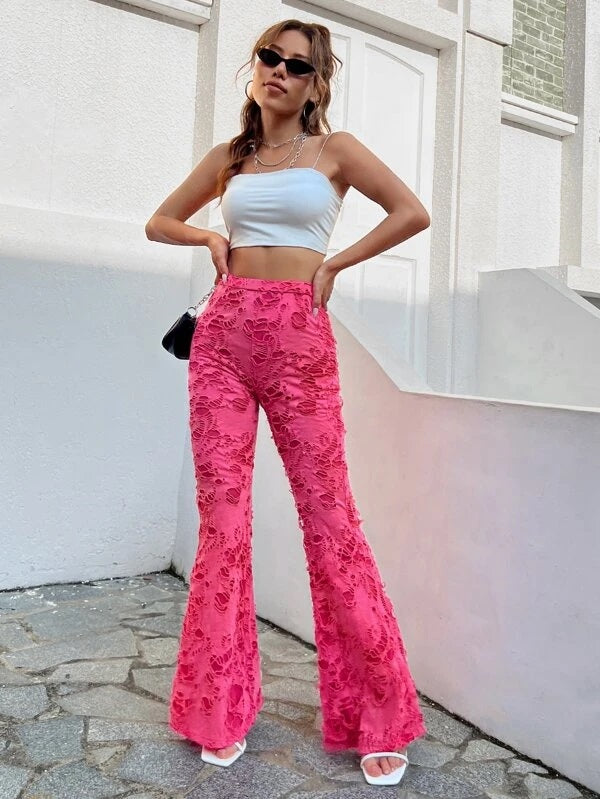 CM-BS661611 Women Casual Seoul Style Ladder Ripped Flare Leg Pants - Hot Pink