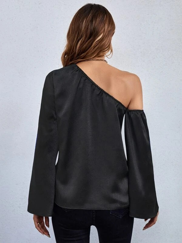 CM-TS602222 Women Casual Seoul Style Asymmetrical Neck Split Sleeve Blouse - Black