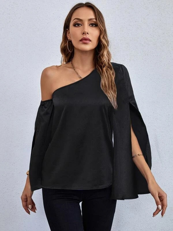 CM-TS602222 Women Casual Seoul Style Asymmetrical Neck Split Sleeve Blouse - Black