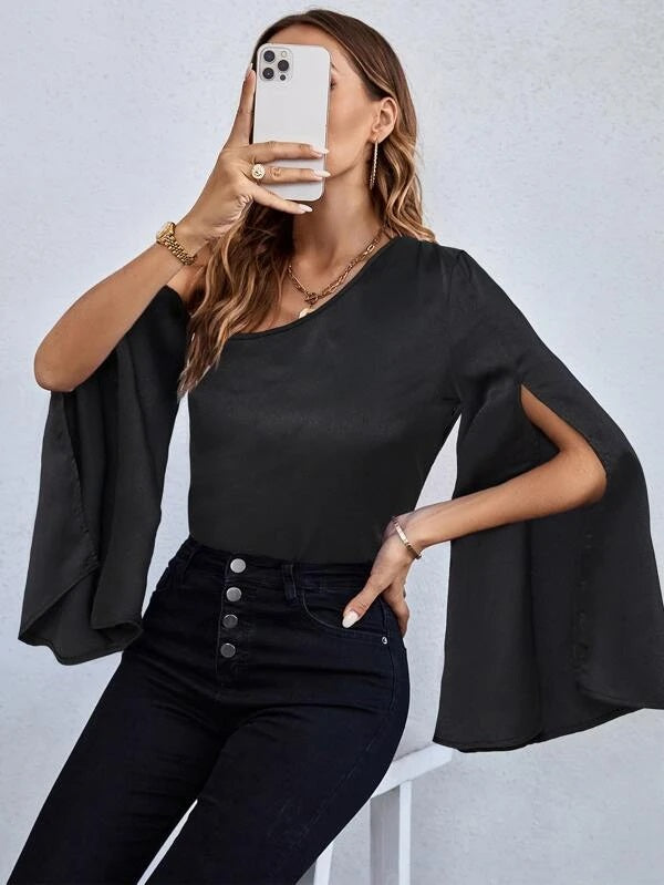 CM-TS602222 Women Casual Seoul Style Asymmetrical Neck Split Sleeve Blouse - Black