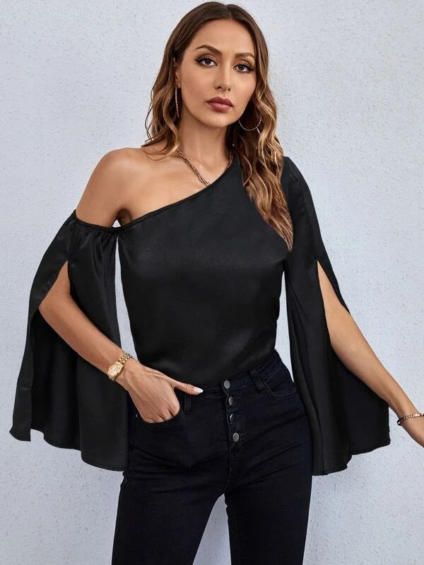 CM-TS602222 Women Casual Seoul Style Asymmetrical Neck Split Sleeve Blouse - Black
