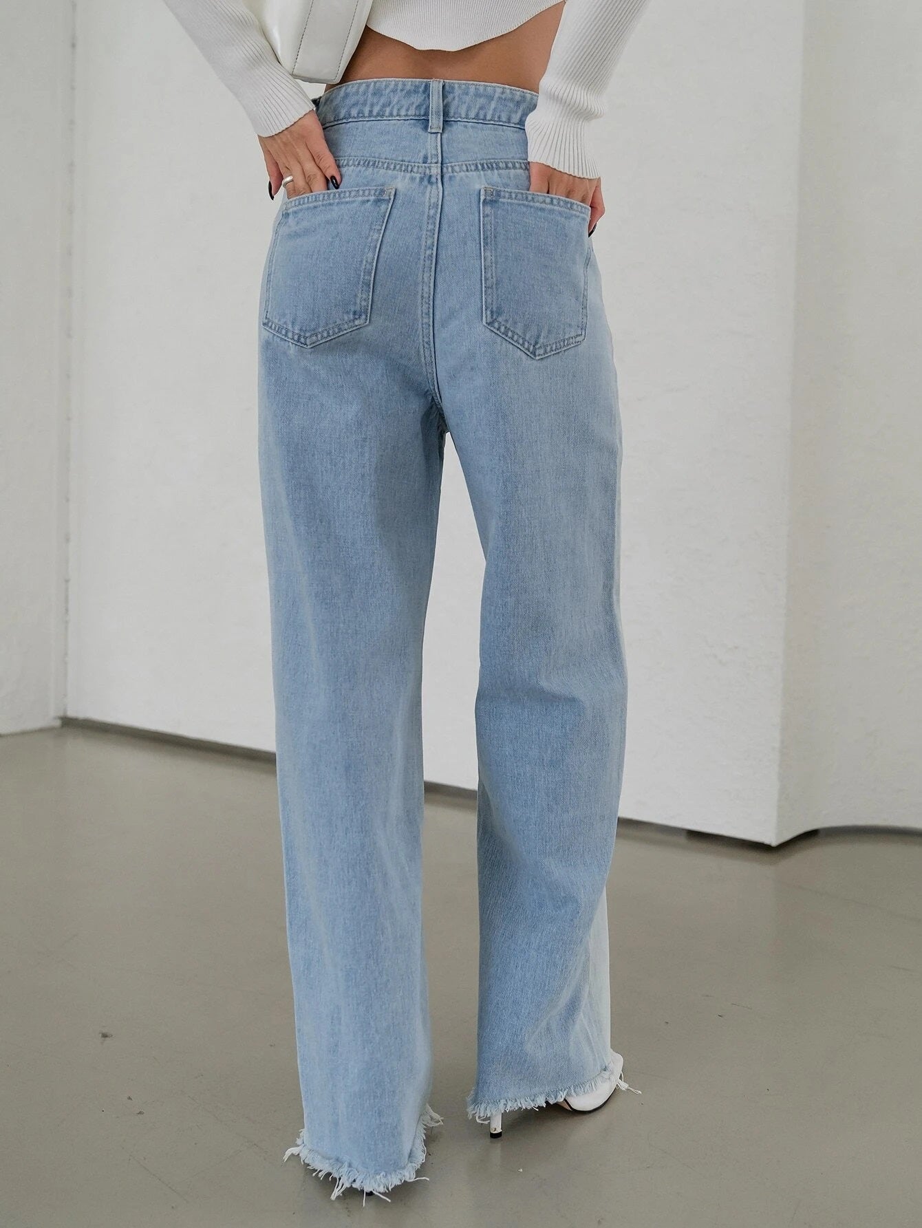 CM-BS553627 Women Preppy Seoul Style Two Tone High Waist Raw Cut Jeans