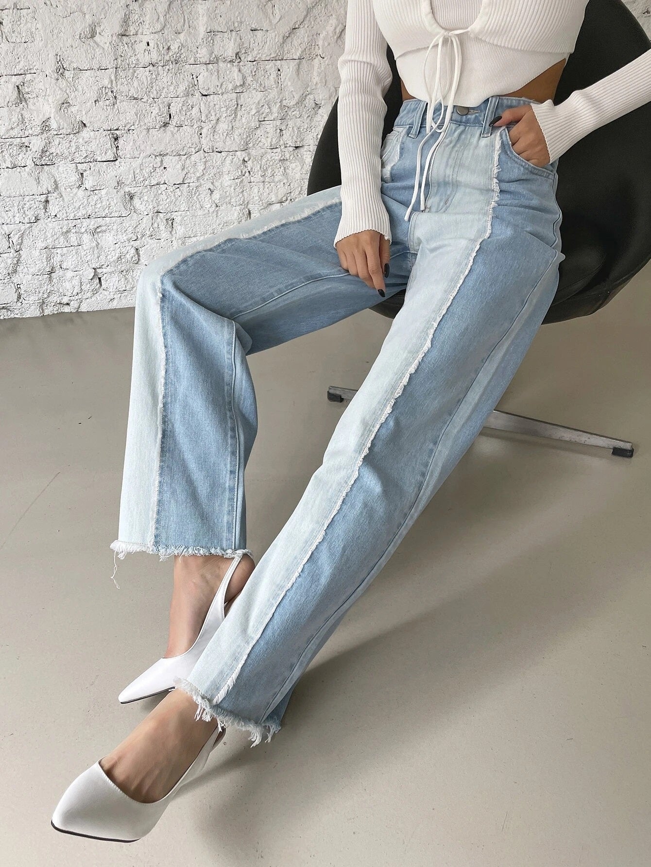 CM-BS553627 Women Preppy Seoul Style Two Tone High Waist Raw Cut Jeans