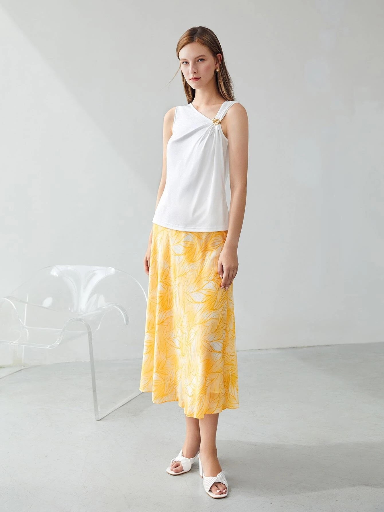 CM-TS522066 Women Elegant Seoul Style Sleeveless Asymmetrical Neck Top - White