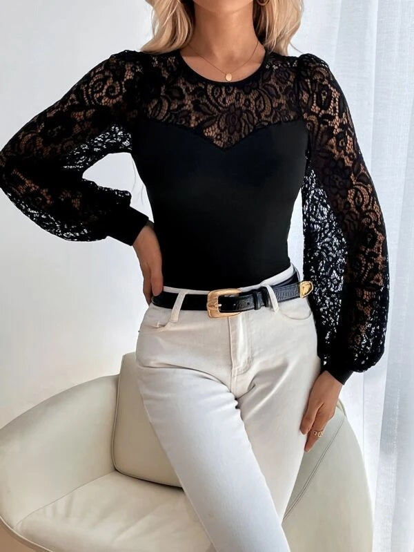 CM-TS956457 Women Casual Seoul Style Lace Panel Lantern Sleeve Bodysuit - Black