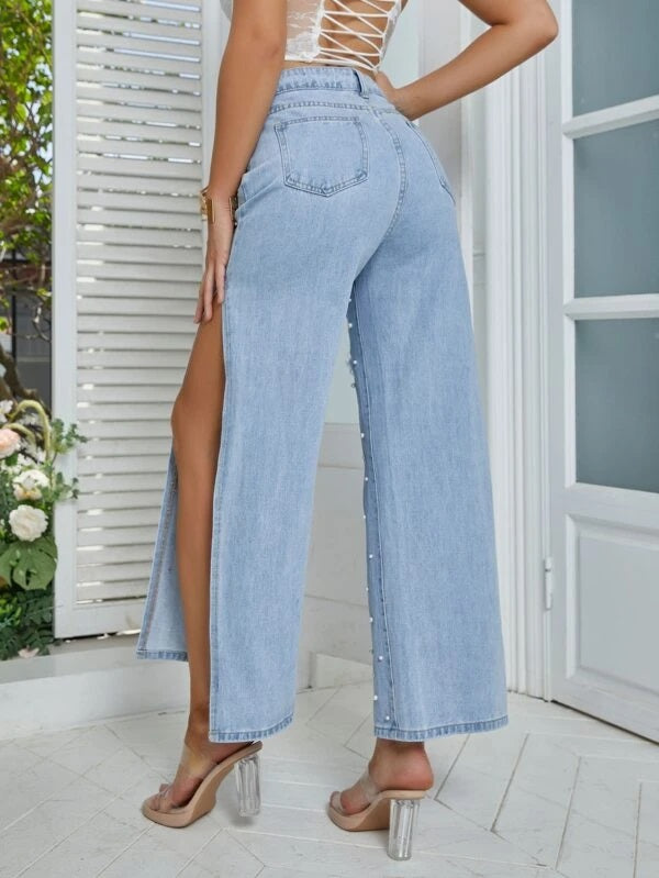 CM-BS890817 Women Preppy Seoul Style Pearl Ripped Frayed Split Thigh Wide Leg Jeans