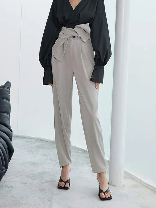 CM-BS933944 Women Elegant Seoul Style High Waist Solid Tie Front Pants - Light Gray