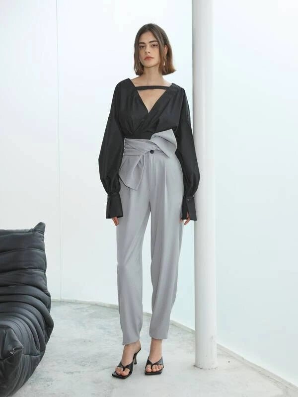 CM-BS933944 Women Elegant Seoul Style High Waist Solid Tie Front Pants - Light Gray