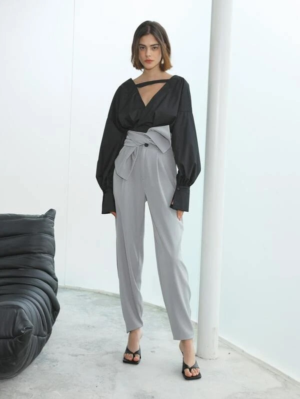 CM-BS933944 Women Elegant Seoul Style High Waist Solid Tie Front Pants - Light Gray