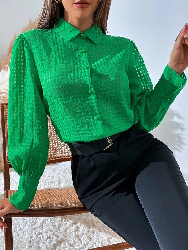 CM-TS077083 Women Casual Seoul Style Bishop Sleeve Button Front Shirt - Green