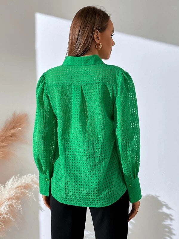 CM-TS077083 Women Casual Seoul Style Bishop Sleeve Button Front Shirt - Green