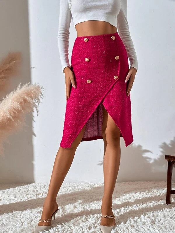 CM-BS819485 Women Elegant Seoul Style High Waist Asymmetrical Skirt - Hot Pink