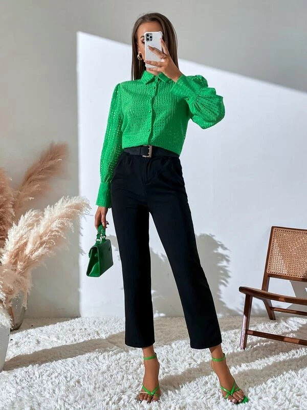 CM-TS077083 Women Casual Seoul Style Bishop Sleeve Button Front Shirt - Green