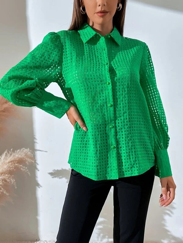CM-TS077083 Women Casual Seoul Style Bishop Sleeve Button Front Shirt - Green