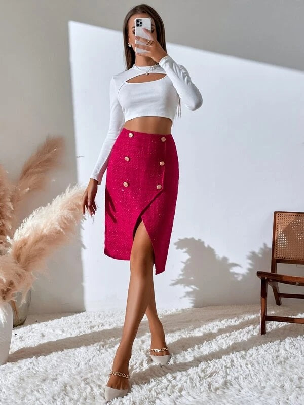 CM-BS819485 Women Elegant Seoul Style High Waist Asymmetrical Skirt - Hot Pink