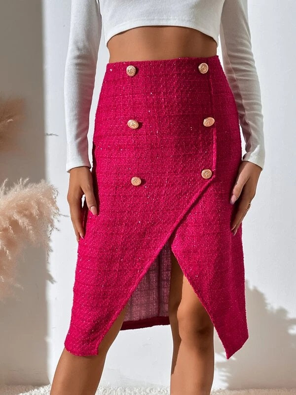 CM-BS819485 Women Elegant Seoul Style High Waist Asymmetrical Skirt - Hot Pink