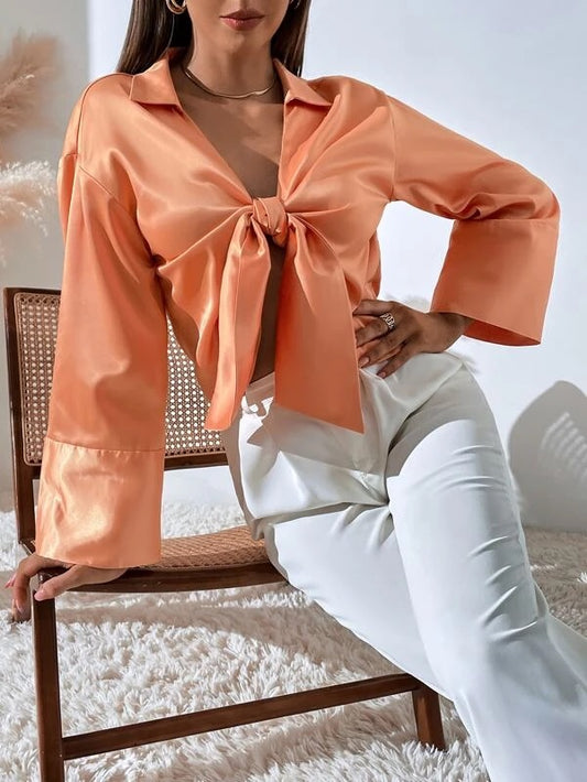 CM-TS310578 Women Casual Seoul Style Long Sleeve Solid Tie Front Crop Blouse - Orange