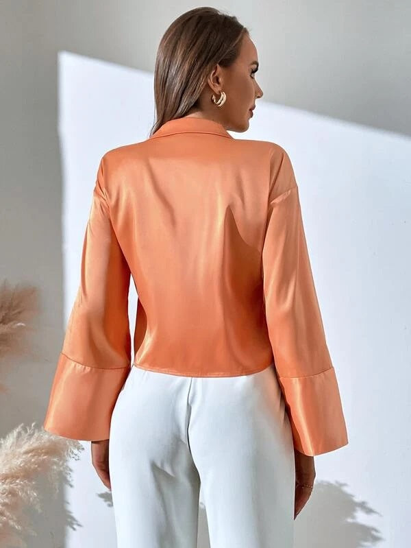 CM-TS310578 Women Casual Seoul Style Long Sleeve Solid Tie Front Crop Blouse - Orange