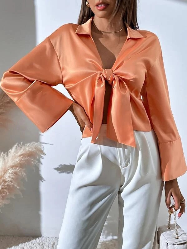 CM-TS310578 Women Casual Seoul Style Long Sleeve Solid Tie Front Crop Blouse - Orange