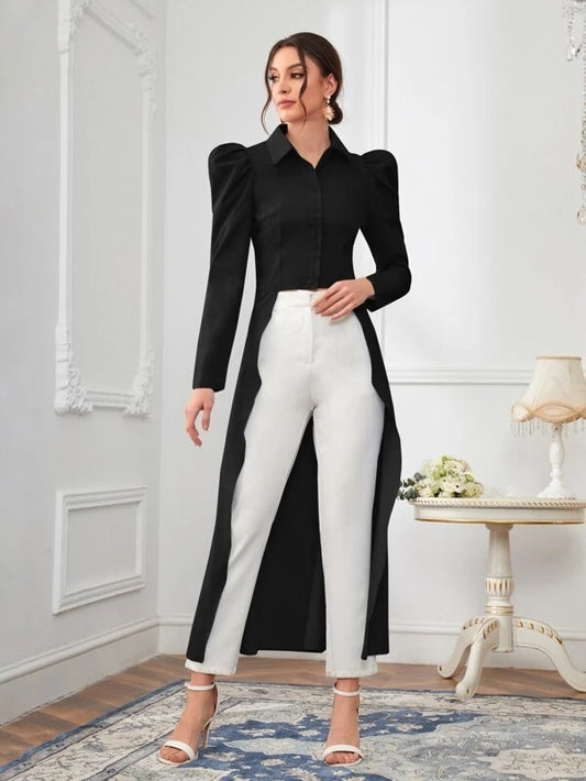 CM-TS188394 Women Elegant Seoul Style Solid High Low Button Front Gigot Sleeve Blouse